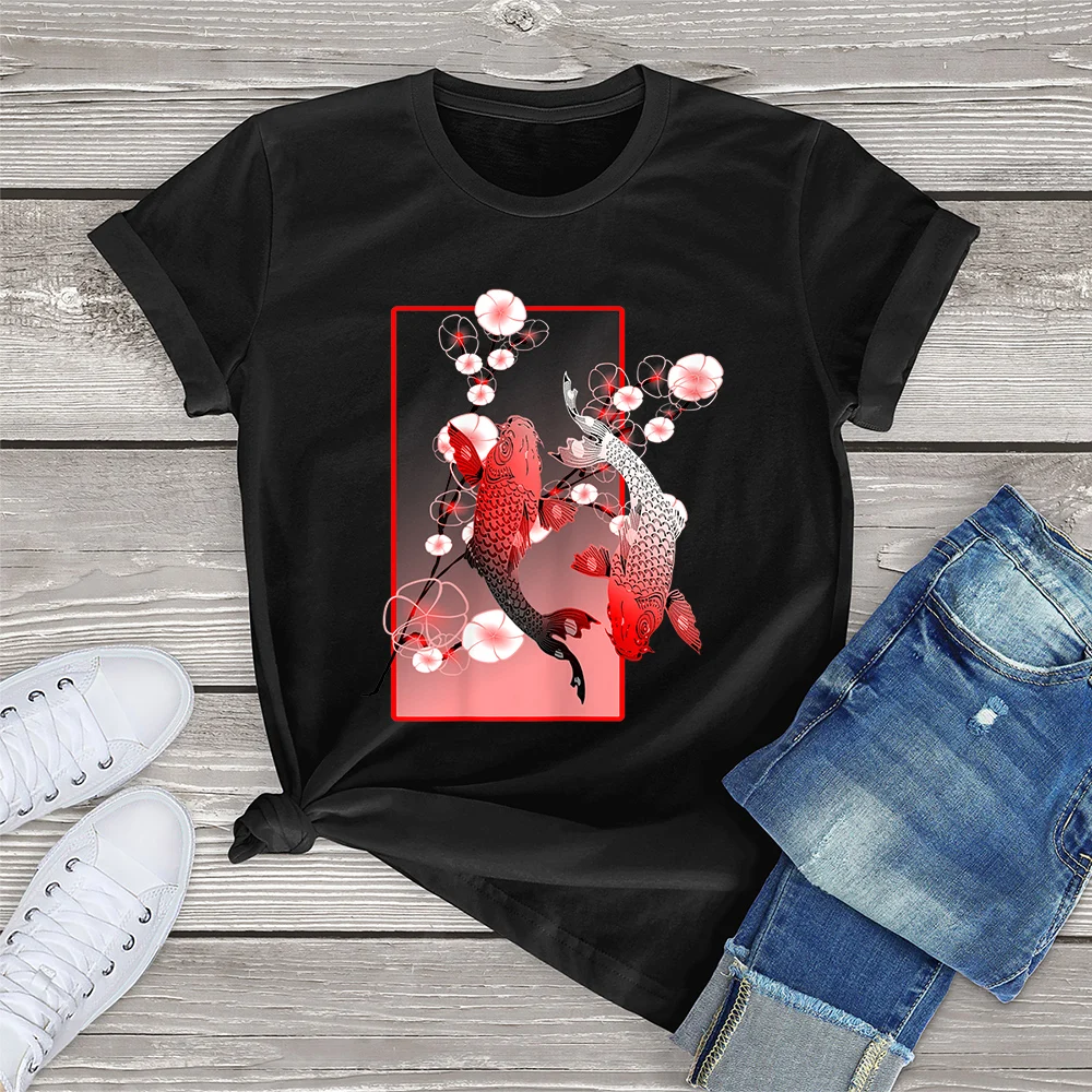 

100% Cotton Japanese Koi Carp Nishikigoi Fish Cherry Blossom Clothing Gift Women T-Shirt Printed Top Unisex Femme Casual Tee