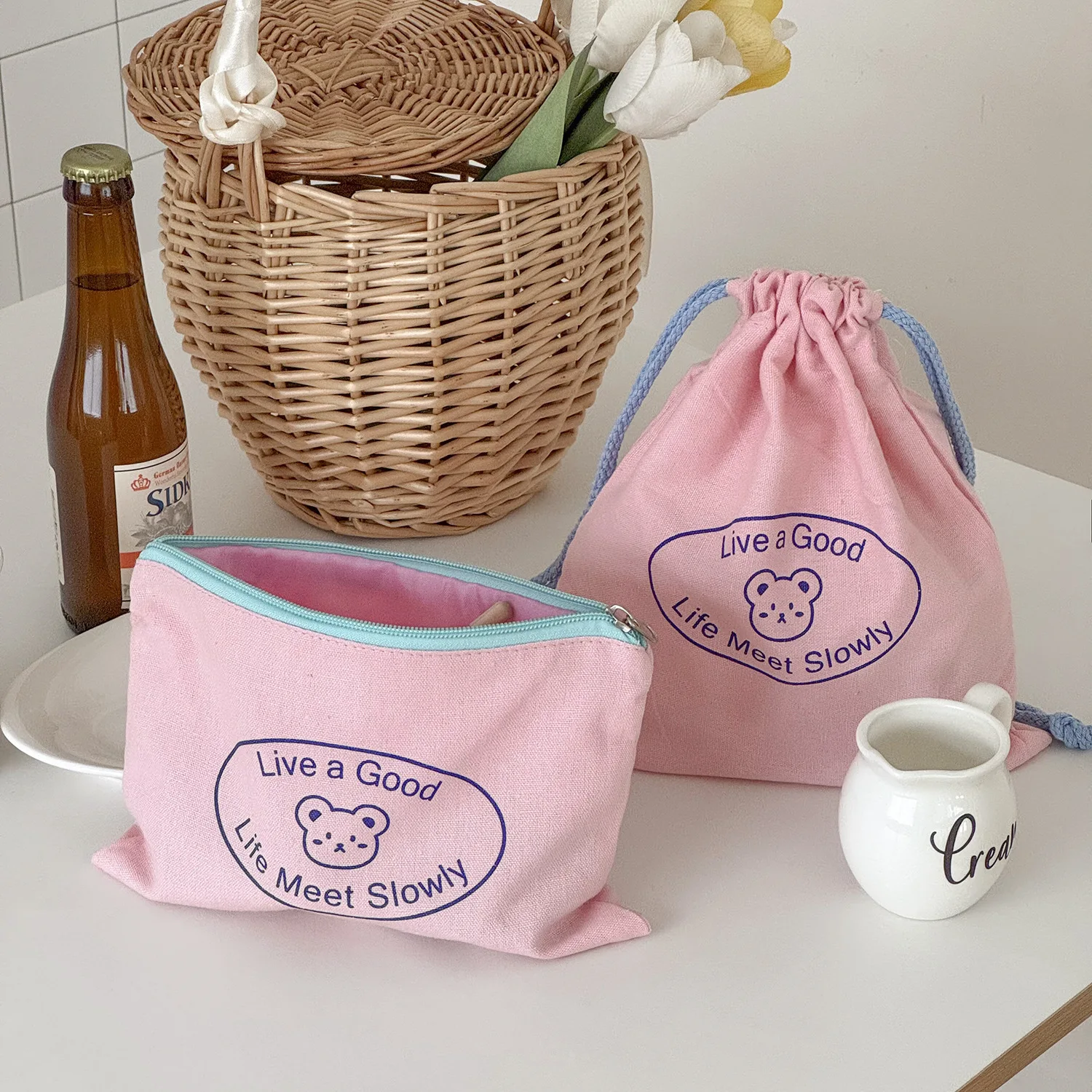 Bear pink hair dryer storage bag, portable travel miscellaneous storage bag, shoe drawstring bag, large capacity makeup bag