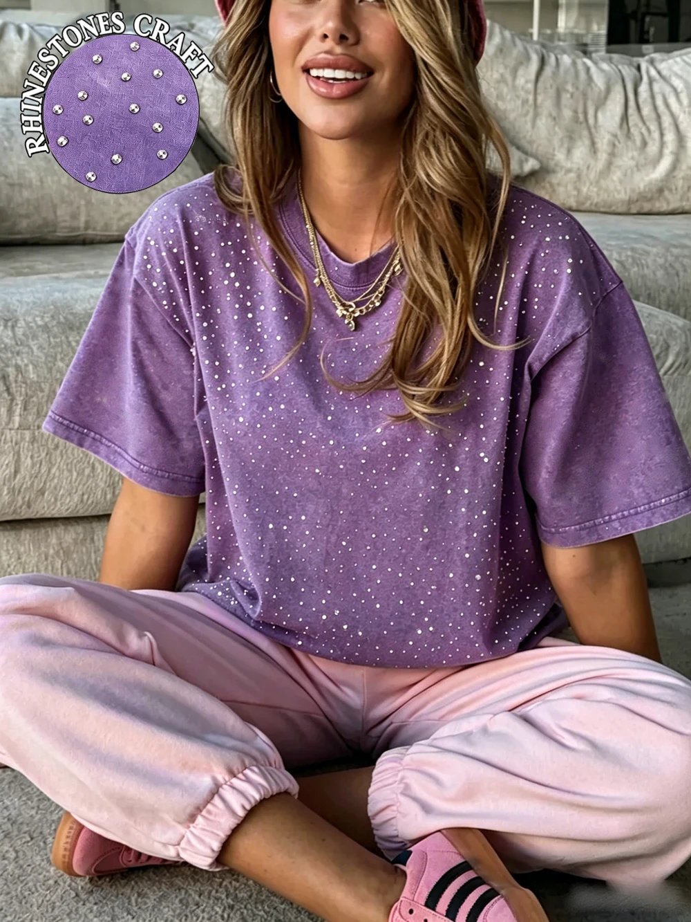 Trendige Diamant-Washed T-Shirts für Damen, Sommer-Baumwoll-Kurzarm-Tops, Lässige O-Neck Weiche Oversized Tees, Distressed Damenkleidung
