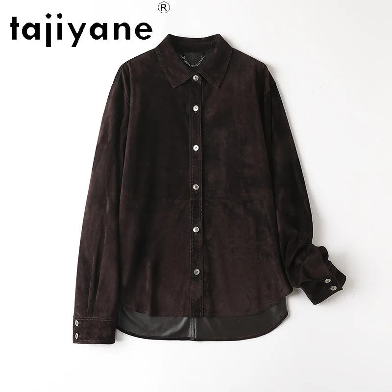 TAJIYANE Genuine Leather Jacket Women Vintage Shirt Jackets Suede Goatskin Long Sleeve Coat Chic Leather Outwears Loose Jaqueta