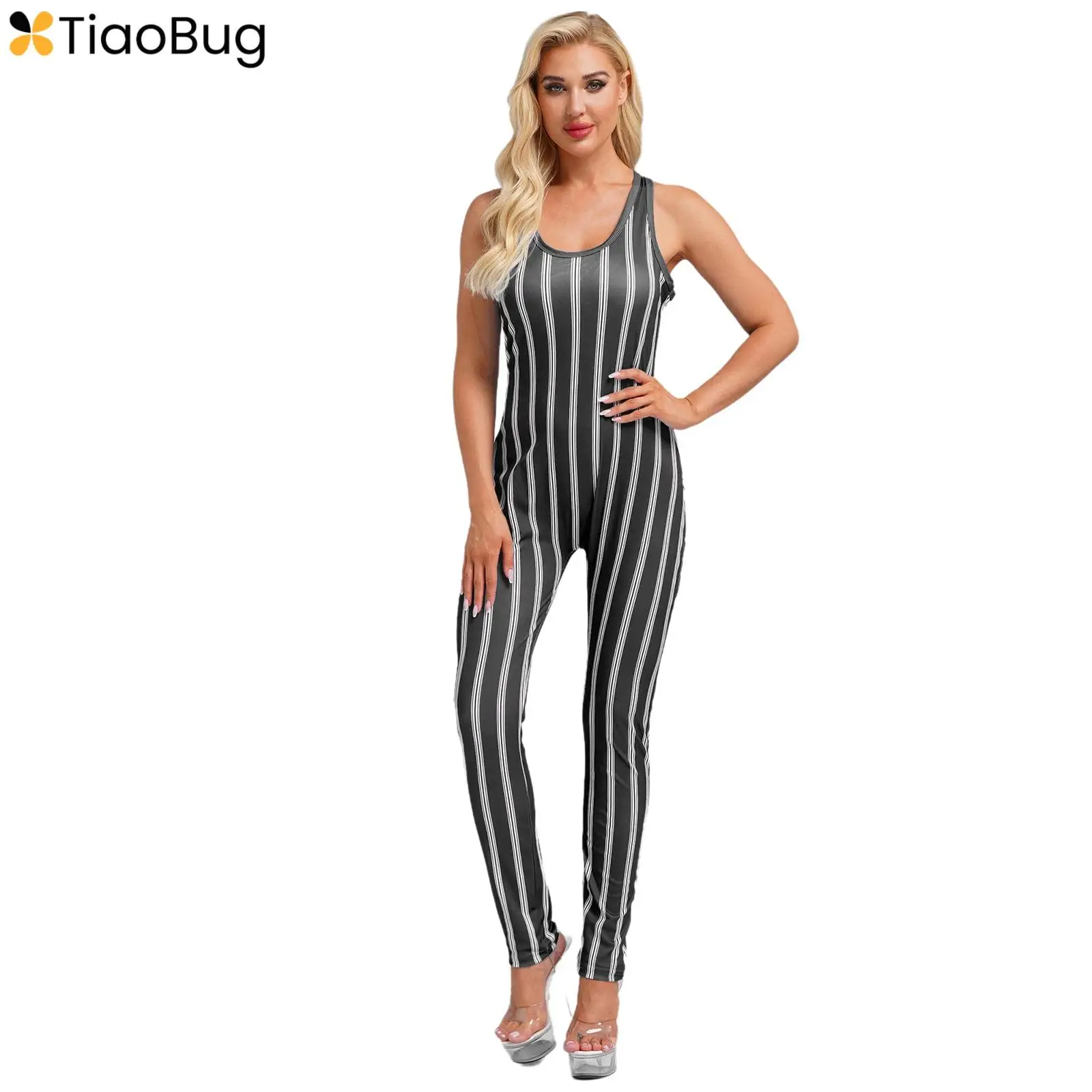 

Women Men Striped Wrestling Singlet Bodysuit Scoop Neck Racer-back Sleeveless One Piece Jumpsuit Rompers for Fitness Gymnastics