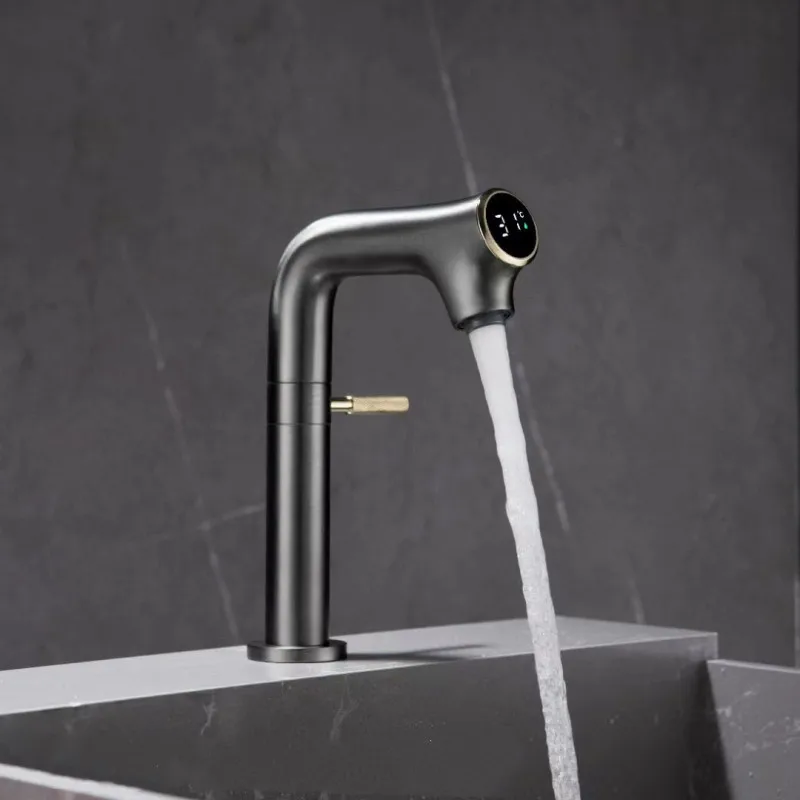 

New Gray Gold Basin Faucet Brass Lead Free Single Handle Digital Display Hot and Cold White Gold Mixer Sink Tap Bathroom Mixer