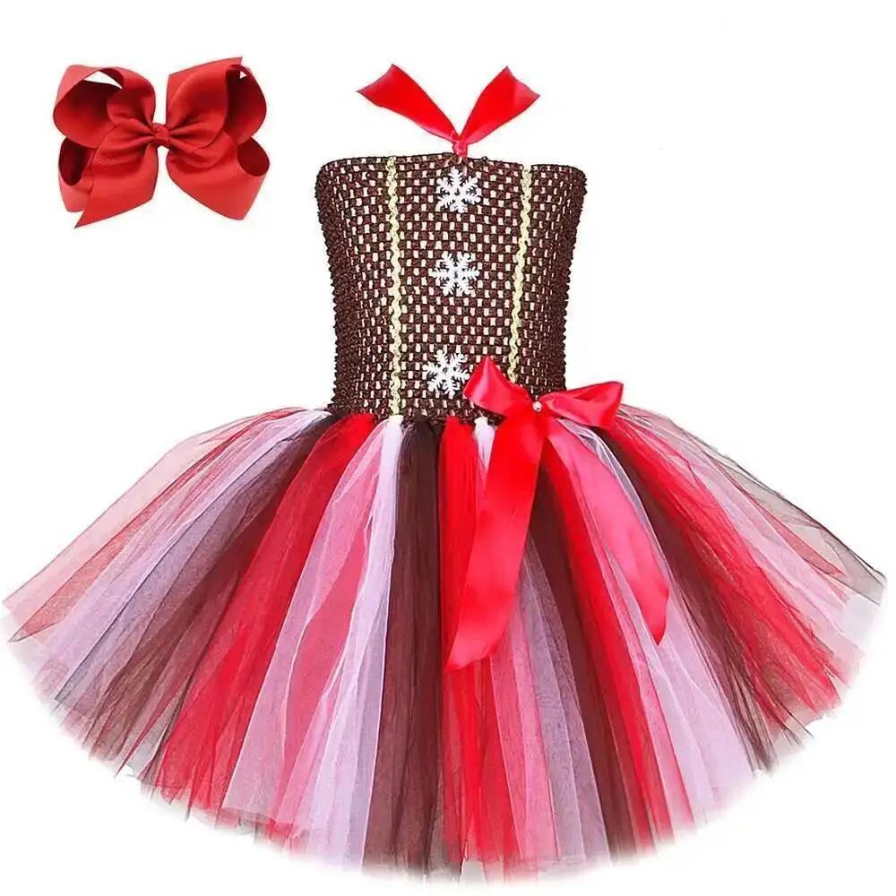 Gingerbread Man Tutu Dress for Girls Christmas Holiday Costume Kids Xmas Carnival Party Outfit with Red Bow Hair Clip & Socks