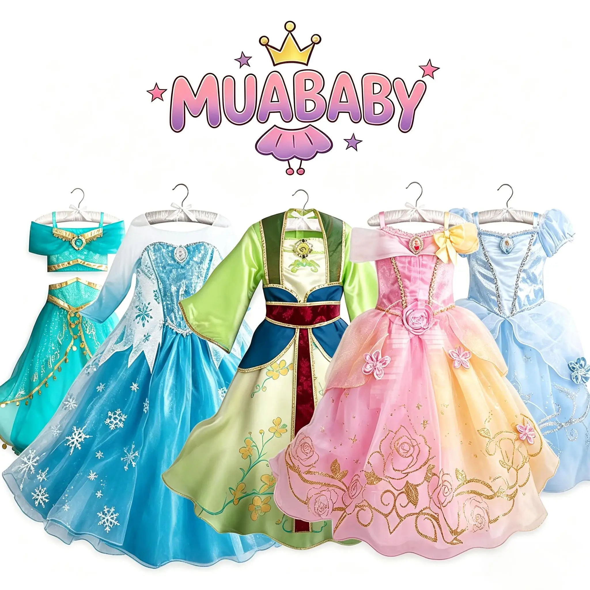 Muababy Princess Dress for Girls Aurora Belle Elsa Jasmine Cosplay Costume Party Halloween Carnival Outfit Kids 2-8Y Vestido