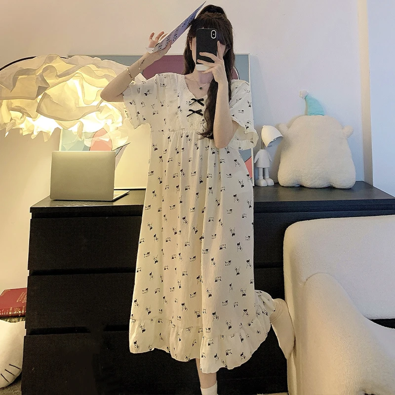

Cartoon Sweet Cute Women's Nightgowns Plus Size V-neck Bow Tie Design Big Size Robe Women's Casual Summer New Kawaii Nightgowns