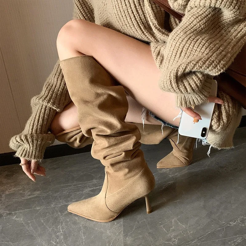 

High Heels Suede Women Goth Boots Autumn 2025 New Sexy Knee High Long Boots Shoes Woman Pointed-toe Khaki Chelsea Fashion Botas