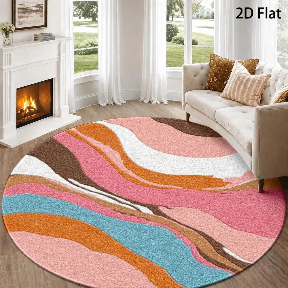 Modern Swirl Abstract Round Rug Multi‑Color Curved Fluid Block Print Soft Circular Mat Indoor Outdoor Chic Home Decor Carpet