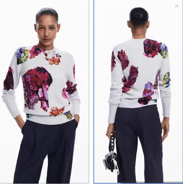 Foreign trade original single Spanish spring and autumn new printed crew-neck knit sweater