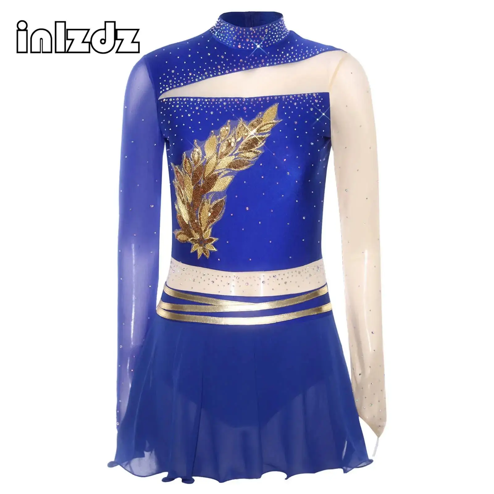 

Womens Gymnastics Figure Skating Lyrical Dance Leotard Dress Embroidered Rhinestones Long Sleeve Dress Dance Competition Costume