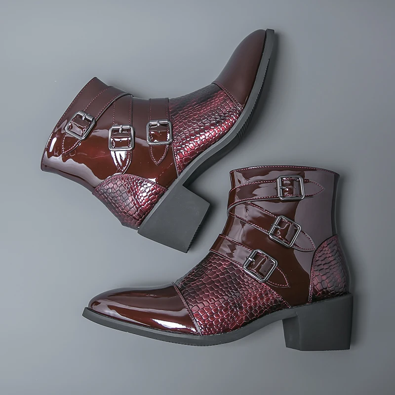 

Men High Top Boots with PU Splicing Fashionable Double Buckle Decoration Pointed High Heeled Boots