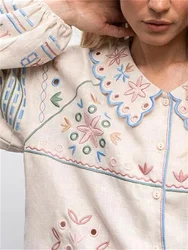 Camicia dolce monopetto da donna con maniche a sbuffo camicetta con colletto Peter Pan con ricamo colorato primavera 2024 novità