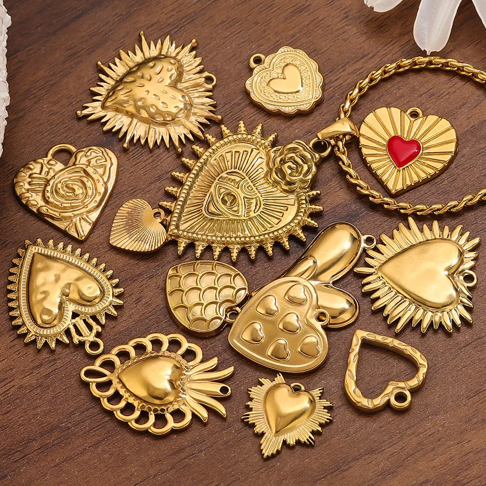 5pcs Stainless Steel Bohemian Heart Embossing Charm DIY Gold Pendants Connectors for Jewelry Making Earring Necklace Accessorie