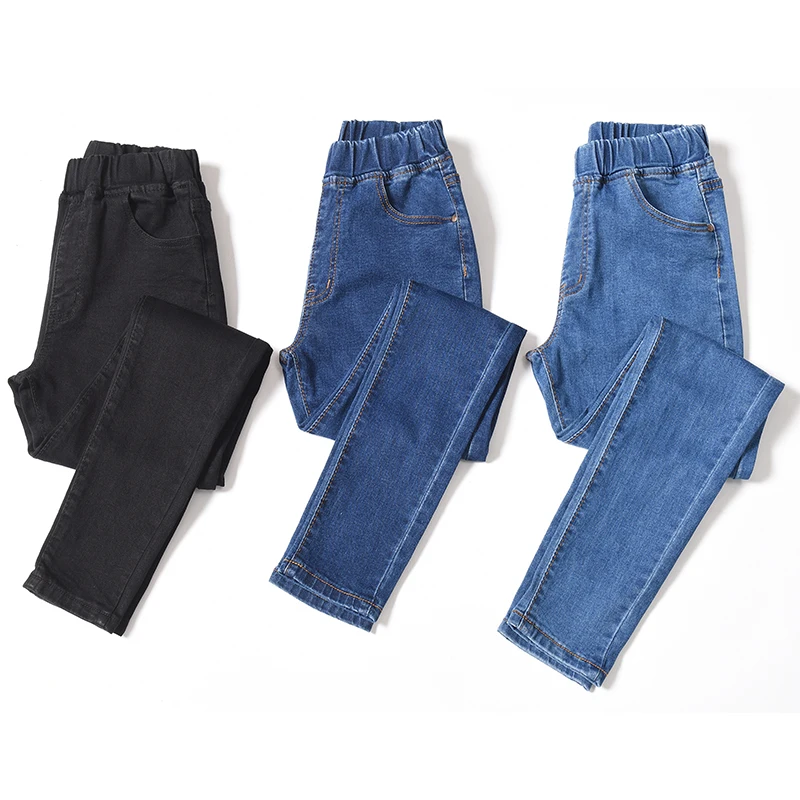 

Size 4Xl 5Xl 6Xl Women Light Elastic Waist Jeans Slim Stretch Cotton Navy Blue Mom Pants Black Jean Trousers Female