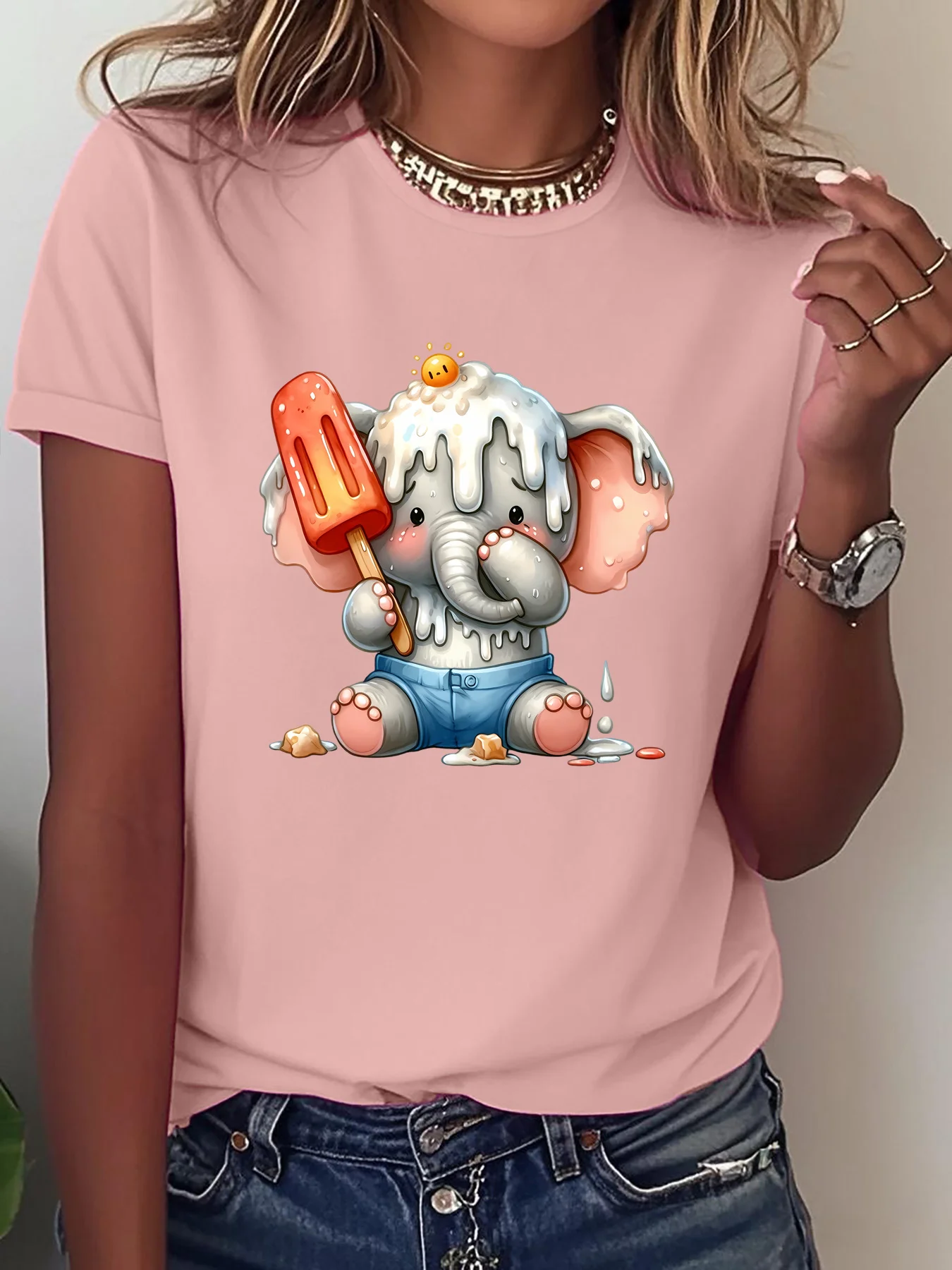 Ice Cream Elephant Element Versatile and Gentle Top Printed Fashionable Round Neck T-shirt Fashionable and Comfortable Top