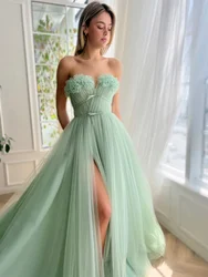 Tulle Strapless 3D Floral Corset Prom Dresses With Split Sashes Butterfly Sleeveless Evening Gowns A-line Long Formal Ball Gowns