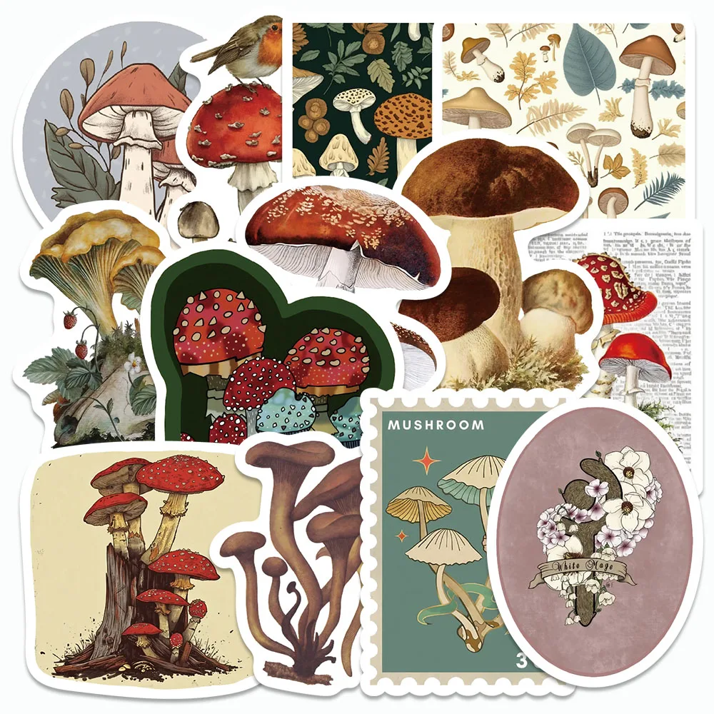 

50PCS Vintage Mushroom Stickers Retro Style DIY Decals For Phone Case Fridge Laptop Hand Account Books Cartoon Graffiti Stickers