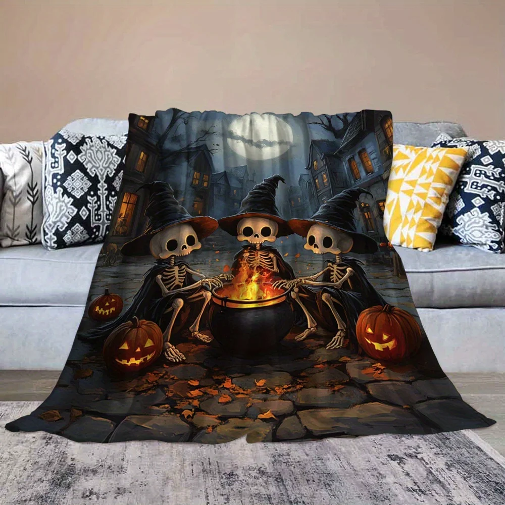 Cartoon Skeleton Blanket Gifts for Adult, Village Pumpkin Moon Abstract Skull Flannel Throw Blankets Soft Comfy Lightweight for Home Decor Couch Bed-280Gsm