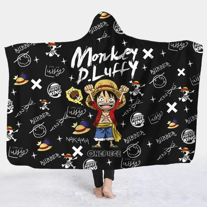 

Cartoon One Piece Luffy Winter Poncho Hooded Blanket Home Lazy Nap Blanket Winter Shawl Thickened Warm Cloak Holiday Gift Toys