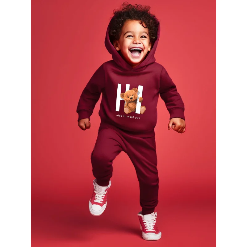 Spring and Autumn Boys Long sleeved Hoodie Set Cartoon Cute Little Bear Letter Printed Versatile Pants Two Piece Set 2358A