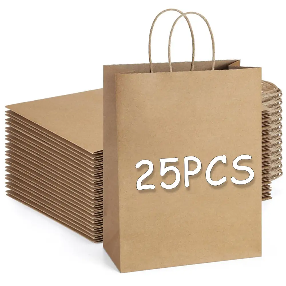 25pcs 크래프트 종이 휴대용 쇼핑 가방 레스토랑 커피 베이커리 테이크 아웃 일회용 대량 친환경 선물 포장