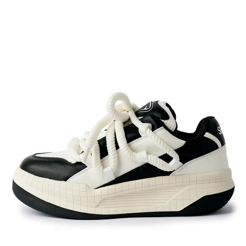 

High Quality Genuine Leather Fashionable Sexy Women Sneakers With Round Toe Thick Sole Trendy Lace Up Color Blocking Mesh Shoes