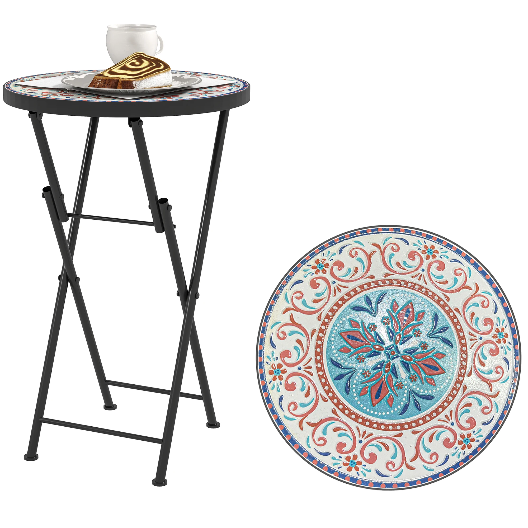 Outsunny Mesa Auxiliar Redonda de Jardín Plegable con Encimera de Mosaico y Almohadillas Antideslizantes Ø35,5x55 cm Multicolor