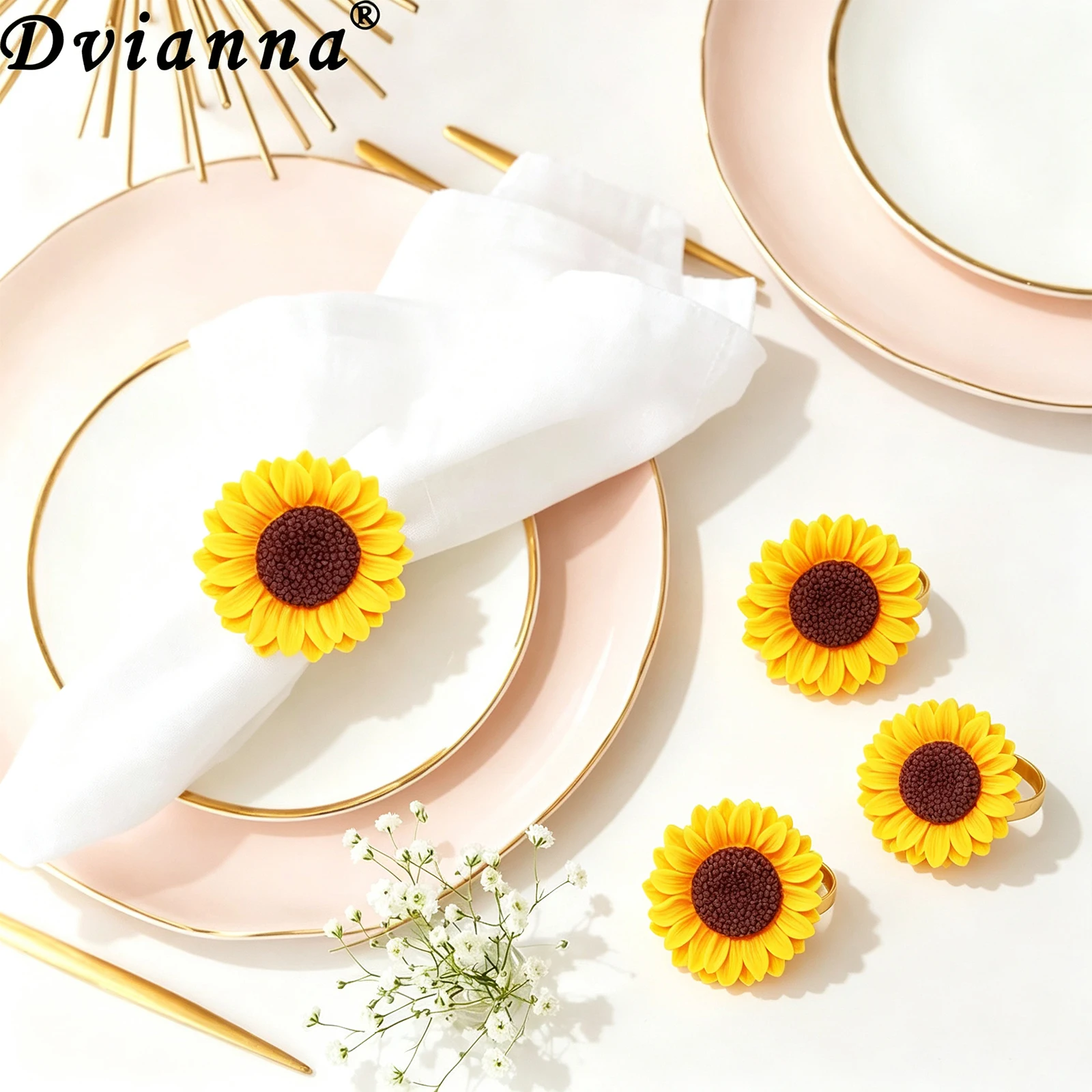 Dvianna 10Pcs Thanksgiving Sunflower Napkin Rings Resin Floral Napkin Holders for Farmhouse Wedding Party Table Decorations