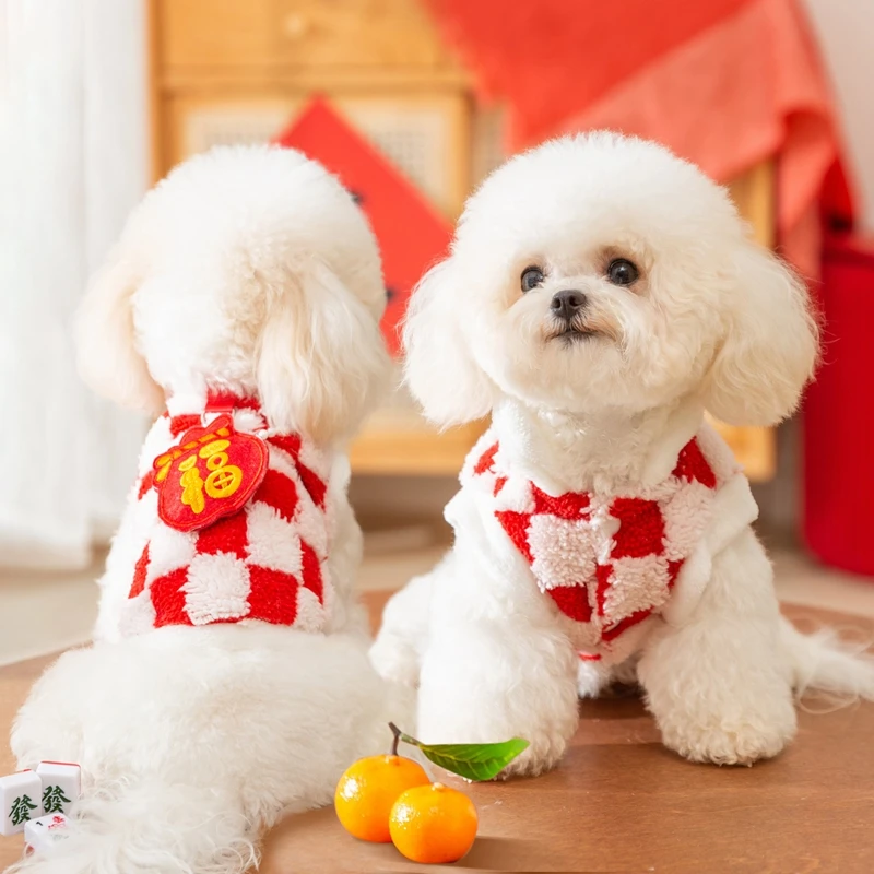 Red NEW YEAR Dog Winter Clothe Lovely Chessboard Puppy Knit Sweaters Warm New Year Clothing for Cats French Bulldog Pet Supplies