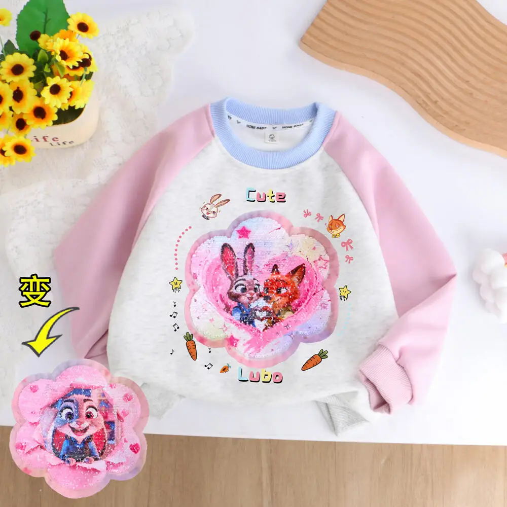 

Толстовка Disney Judy Hopps с рисунком Ника Уайлда, весенняя толстовка с круглым вырезом и длинными рукавами для девочек, пуловер с изображением кролика-полицейского