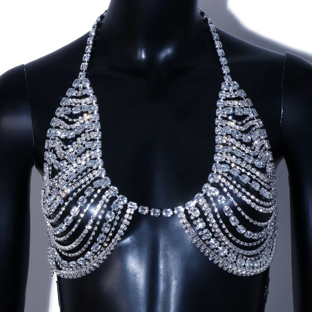 Exaggerate Square Rhinestone Bra Chain Nightclub Chest Accessories Sexy​ Lingerie Multilayer Bikini Body Jewelry Harness Women