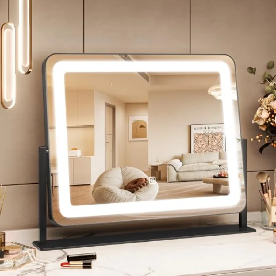 Vanity Mirror with Lights, 19.7"x17.5" Touch Screen LED Mirror, 3 Lighting Modes for Makeup/Skincare, Adjustable Tabletop Mirro