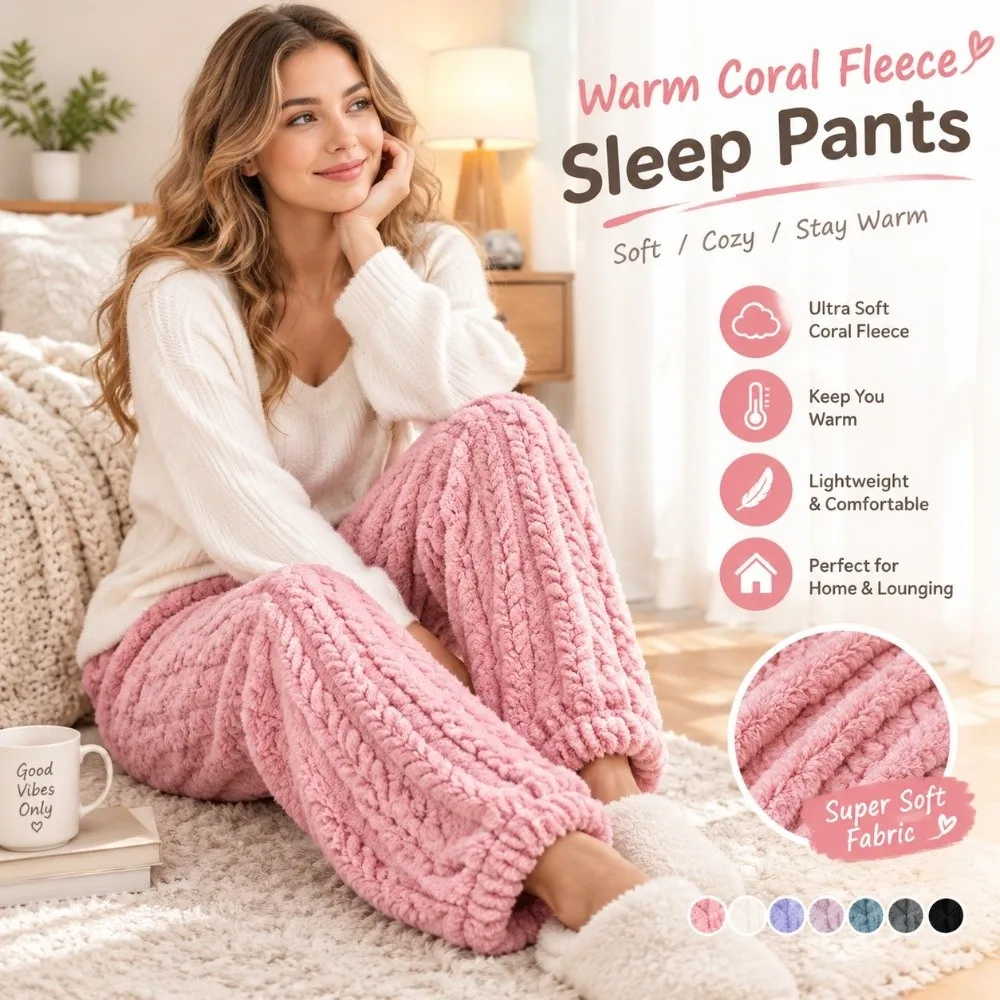 Cozy Coral Fleece Thermal Sleep Pants Thickened Loose Fit Cable Knit Trousers Solid Color Soft Warm Pants Cold Weather
