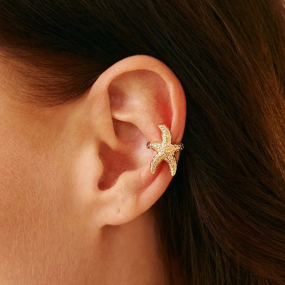 Simple Flower C Shape Ear Cuff Silver Metal Starfish Shell Ring Clip Golded Irregular Shape Stud Earrings Wear