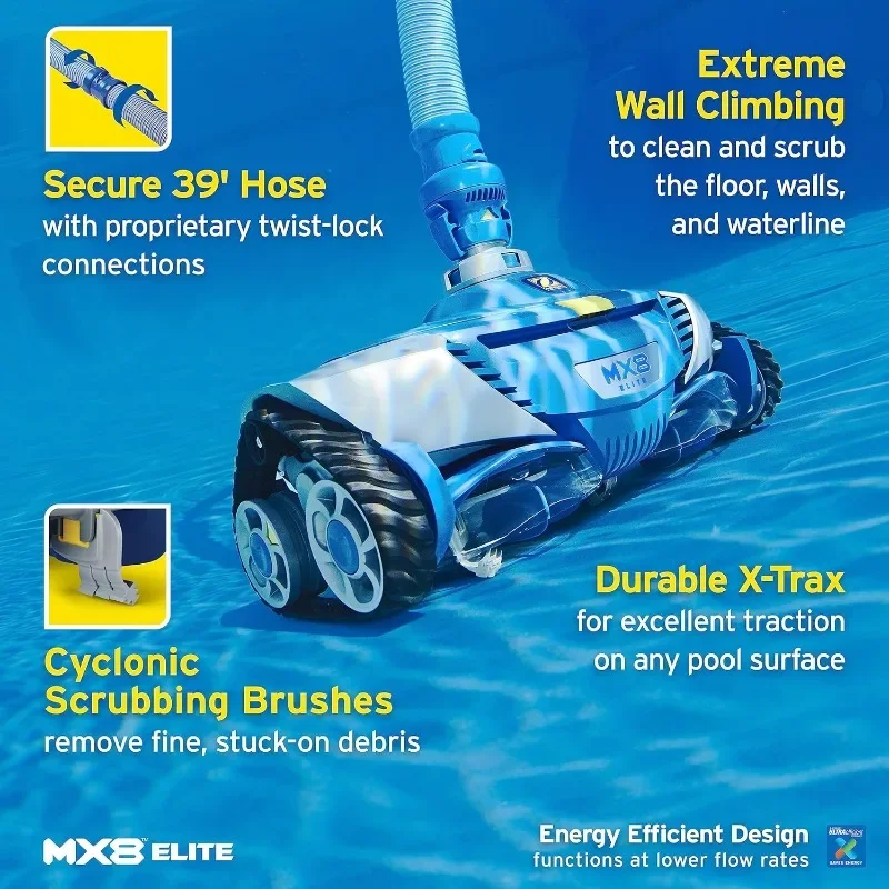 MX8 Elite Suction Pool Cleaner for All In-Ground Pool Surfaces, 39 ft Reach, Cyclonic Scrubbing Brushes, Energy Efficient