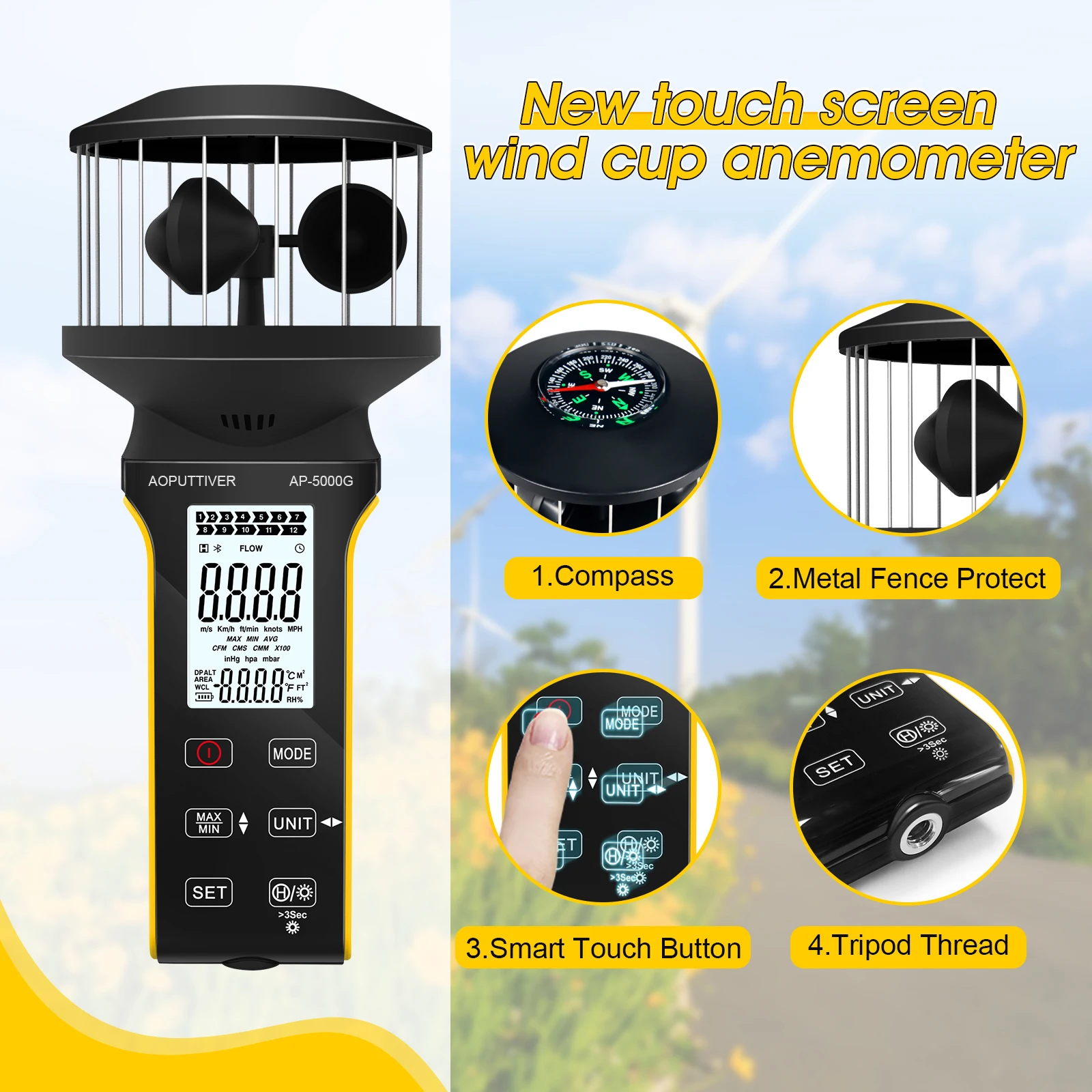 Digital Cup Anemometer - Handheld Wind Speed Meter, Rechargeable, Waterproof, LCD Backlight, Anti-Dust Touch Button for Wind