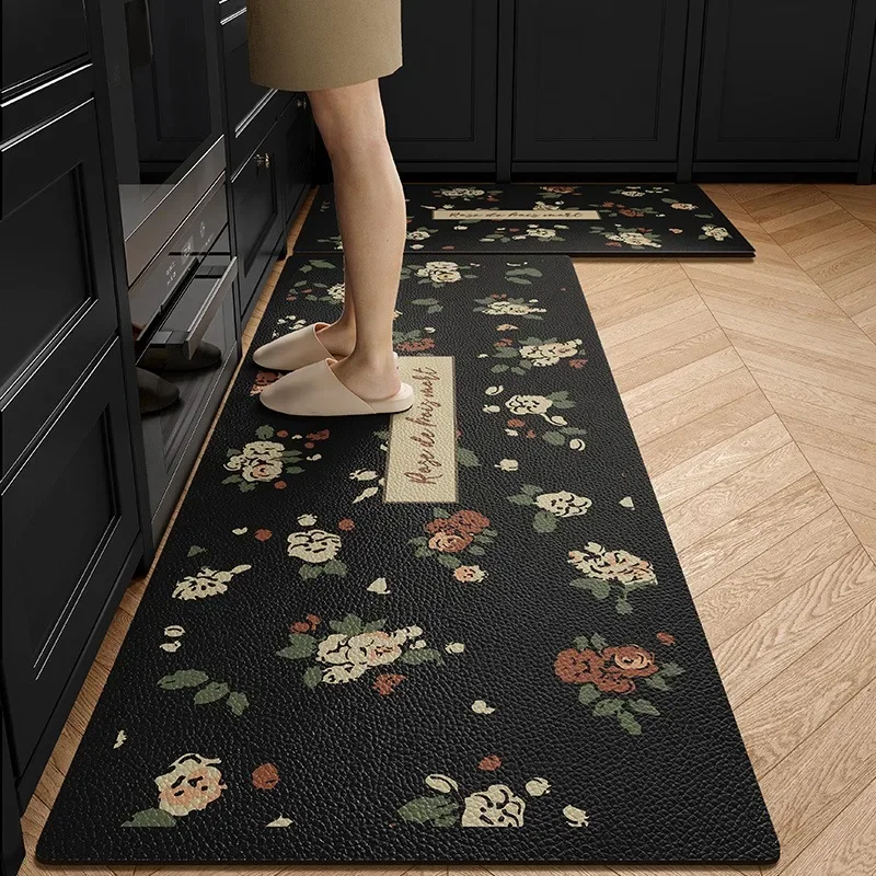 

Kitchen Floor Mat Dark Floral Waterproof Oil-proof PVC Leather Strips Scrubbable Non-slip Carpet Bathroom Balcony Rug Alfombra