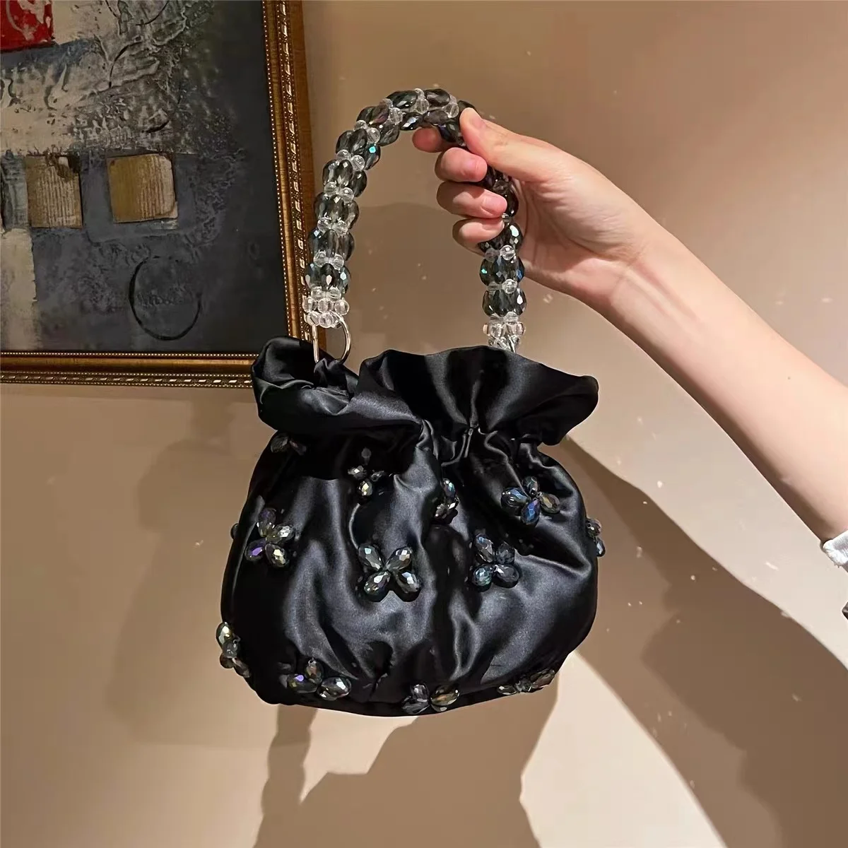 Fashion Satin Drawstring Bucket Bag Women's Handbag Transparent Beads Beading Handmade Evening Bag Wedding Party Clutch Purse