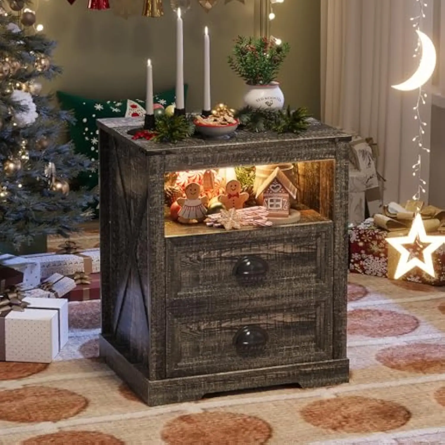 

Farmhouse Nightstand, End Table with Drawers, Nightstand with Charging Station, Bedside Table with 3 LED Lights Modes, Wood Nig