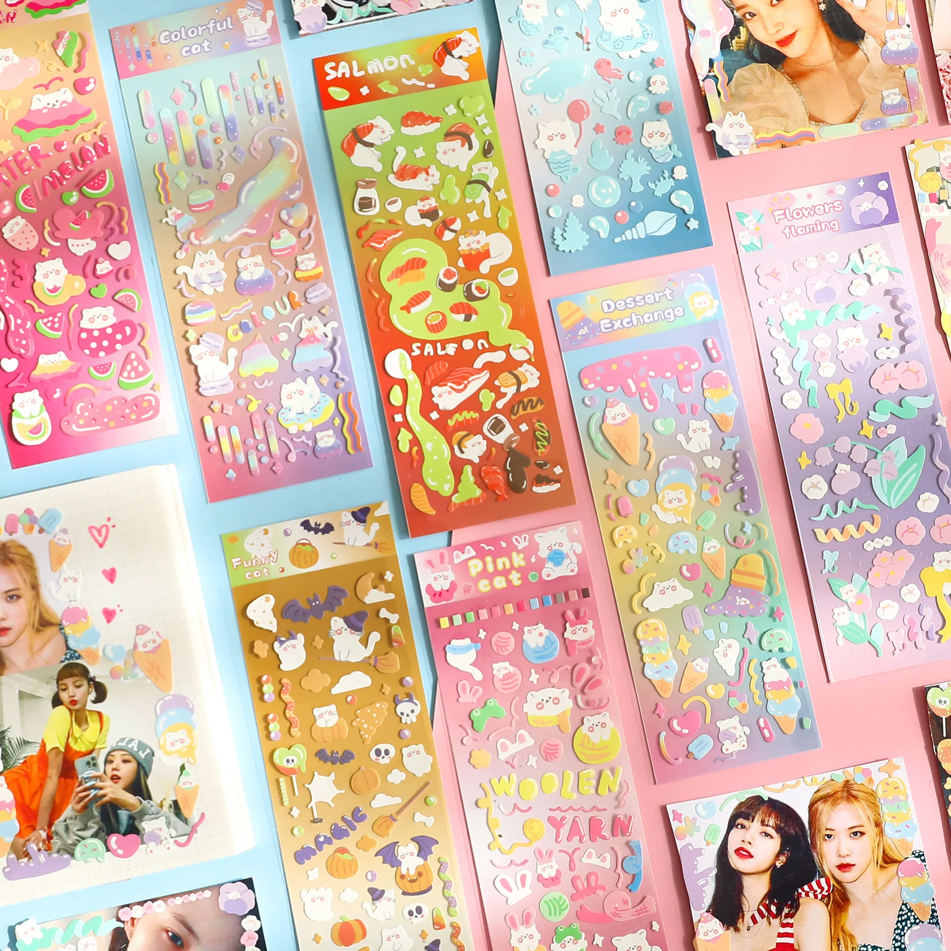 8pcs/Pack Deco Stickers Creative Cute Korean Style 3d Hologram Kawaii Memopad Kpop Toploader Decoration Washie School Supplies
