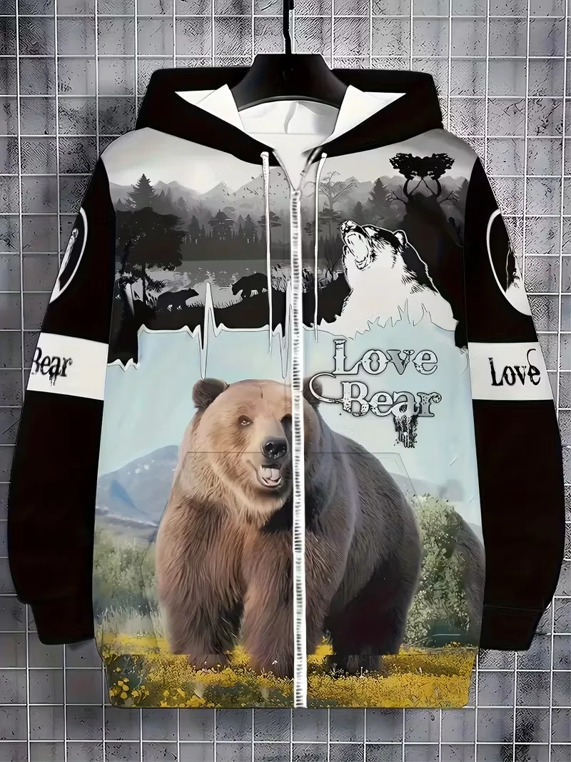 

Красивые толстовки на молнии с 3D графическим медведем для охоты и медведей, толстовки с принтом спереди и сзади, модные уличные топы в стиле Харадзюку