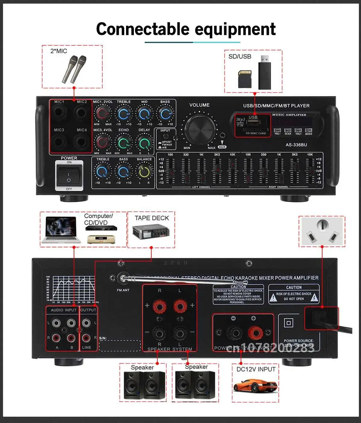 Nuevo amplificador estéreo Bluetooth de 2000W sonido envolvente USB SD AMP FM DVD AUX pantalla LCD cine en casa Karaoke Control remoto 336BU