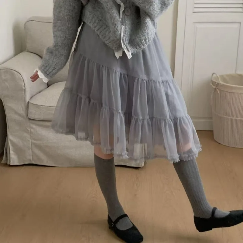French Irregular Hem Wooden Ear Spliced Gauze Skirt Women High Waist Design A Line Layered Cake Skirt Elegant Fairy Asymmetried