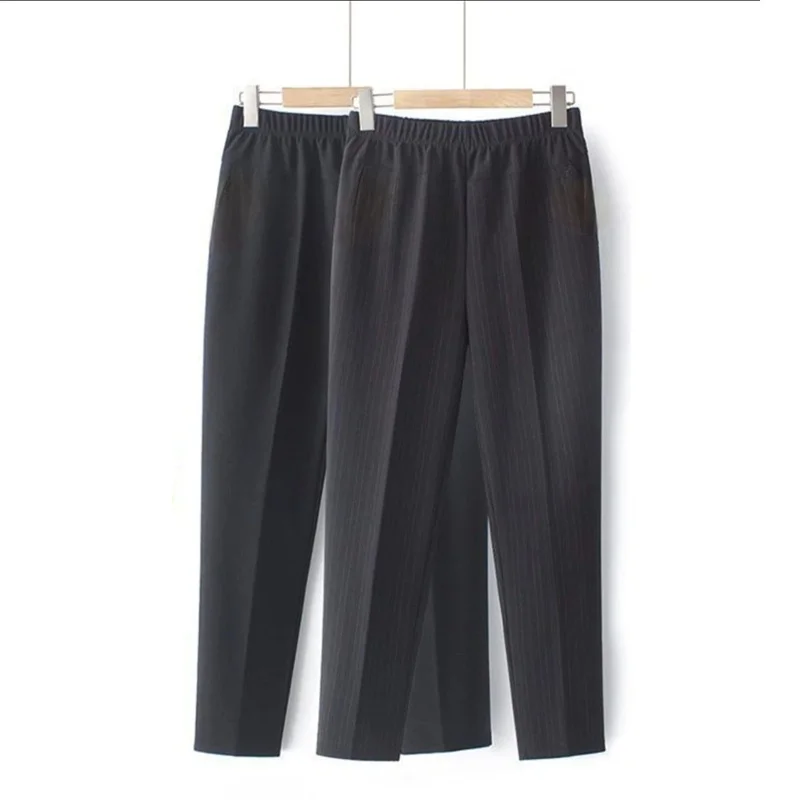 Spring Autumn Middle Aged Women Elastic Waist Casual Straight Pants Female Trousers Lady Stripe Pencil Pants Black Pants 5XL1833