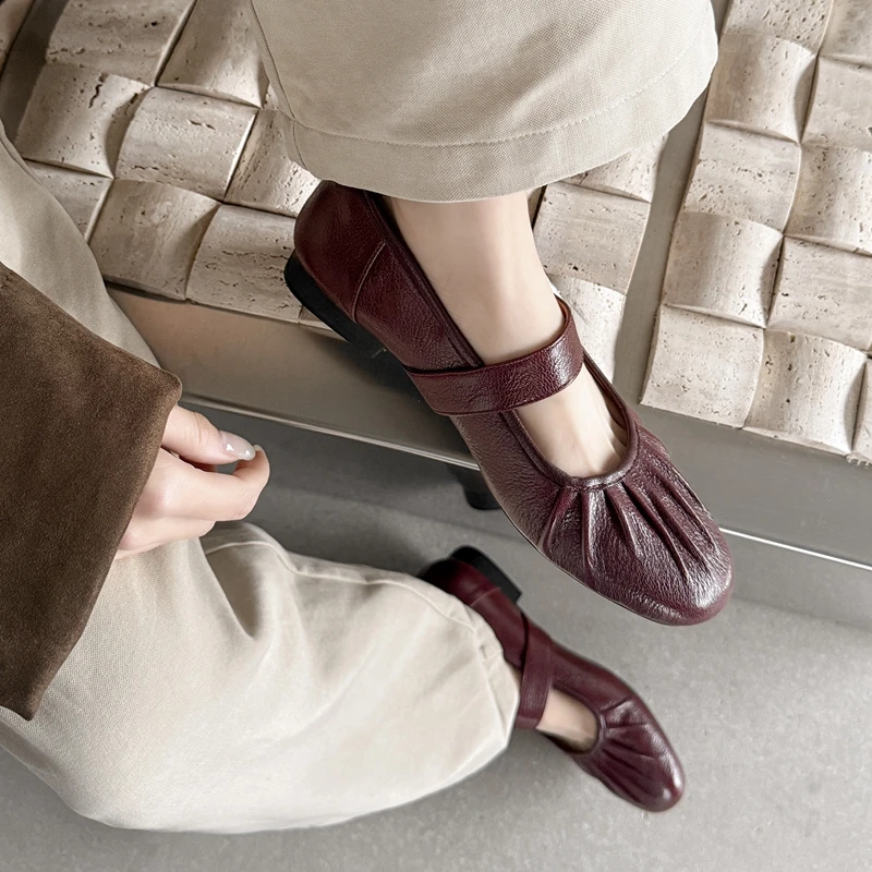 2026 Autumn New Women's Sheepskin Round Toe Pleated Metal Buckle Slip-on Mary Jane Low Heel High Quality Soft Casual Shoes