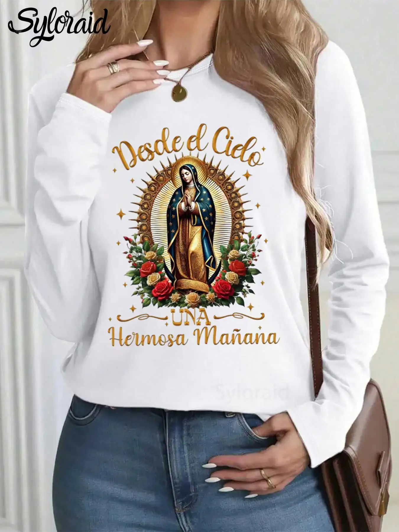 

Women's Long Sleeve T Shirt Our Lady Of Guadalupe Floral Print T Shirt Fashion Round Neck Casual Top
