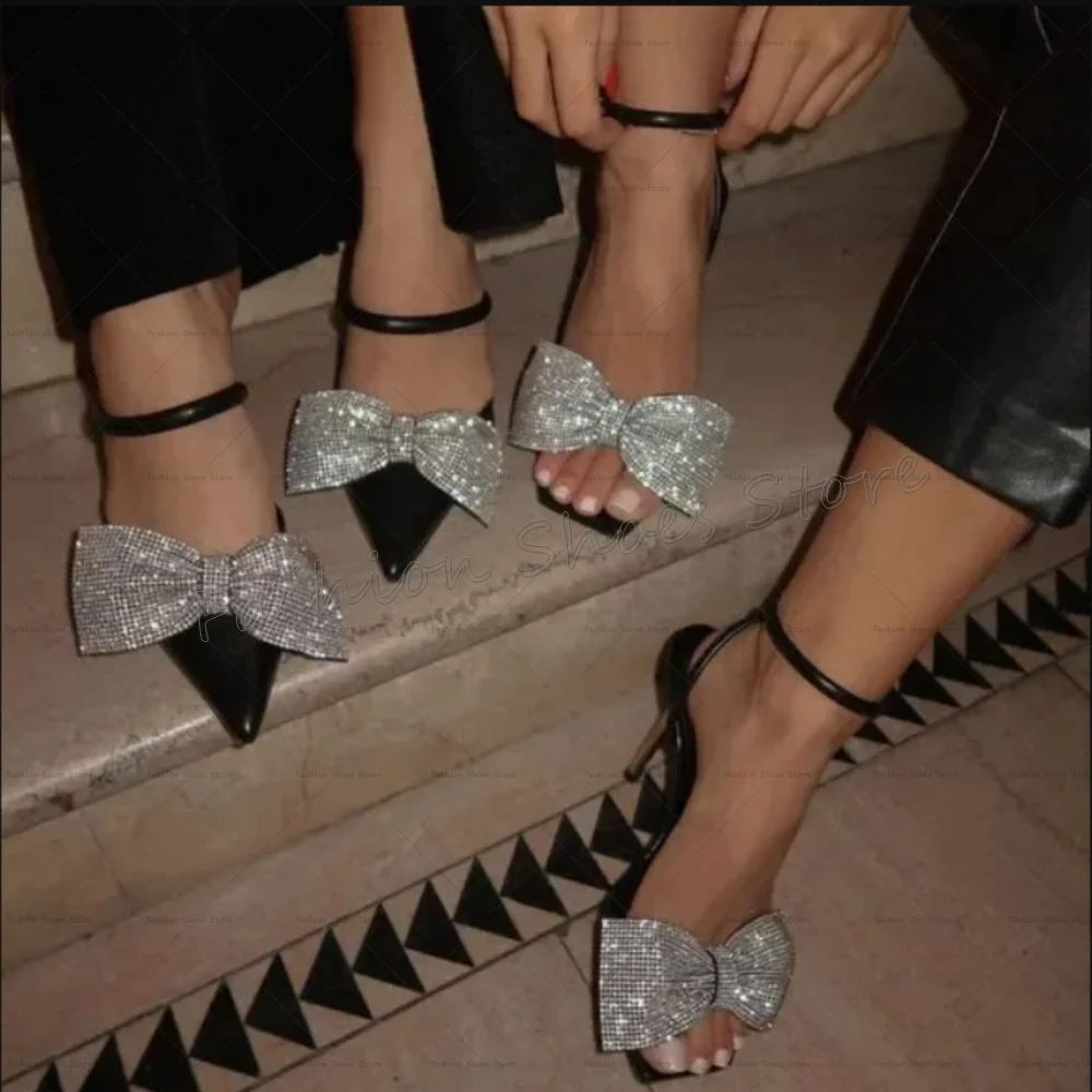 

Silver Bow knot Decor Black Buckle Strap Sandals Women Shoes Stilettos High Heels Party Banquet Dating 2025 Zapatos Para Mujere