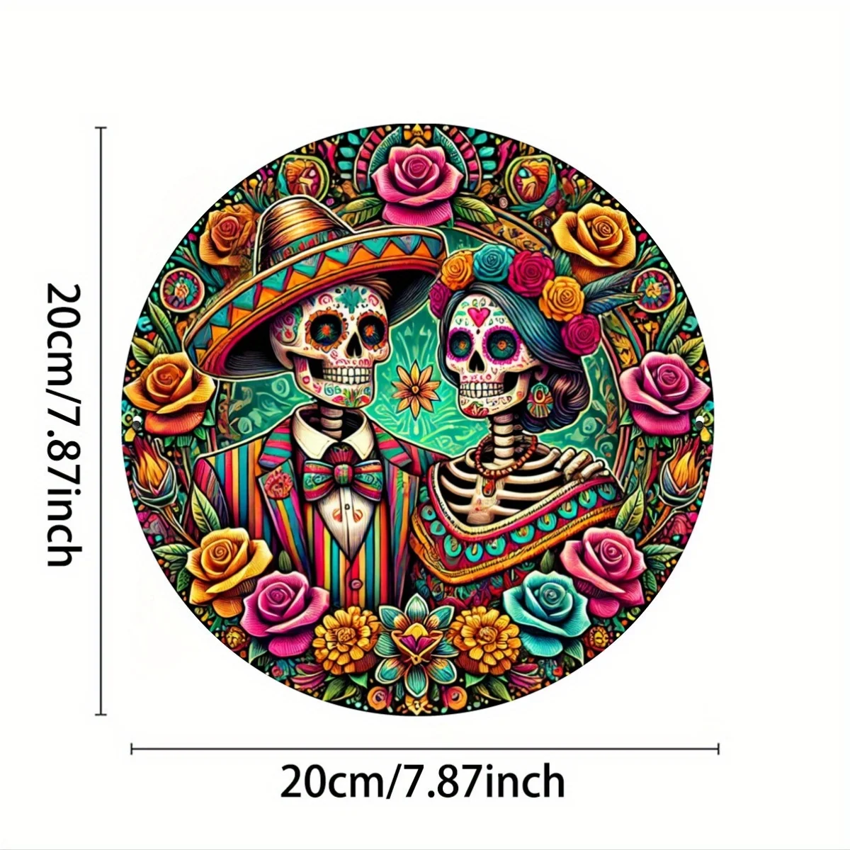 قطعة واحدة من لافتة خشبية مسطحة دائرية ثنائية الأبعاد، شعار إكليل بنمط هيكل عظمي يوم الموتى، مناسب لتزيين يوم الموتى