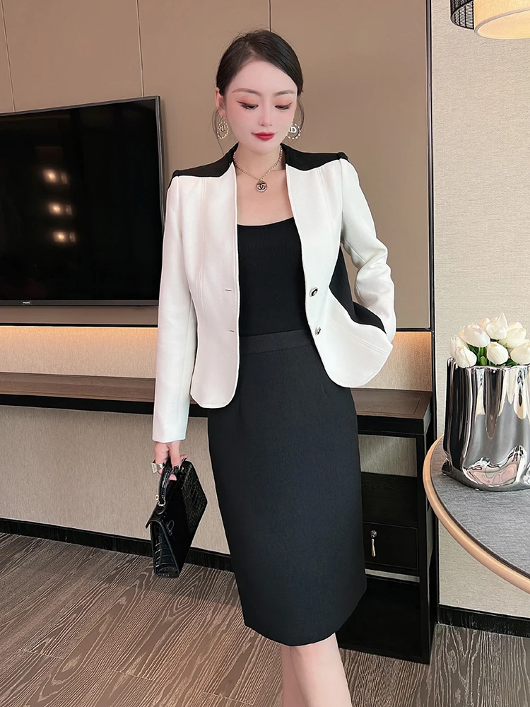 ZJYT Autumn Color Block Blazer Suit Skirt Two Piece Dress Sets Women Outfit Elegant Office Formal Conjuntos De Falda Vestidos