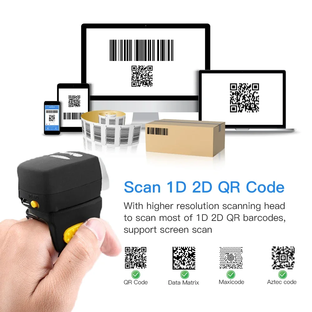 

2D Bluetooth QR Barcode Scanner,Portable Ring Wearable Finger 1D 2D Mini Bar Code Reader Scanner Suppot Screen Scanning