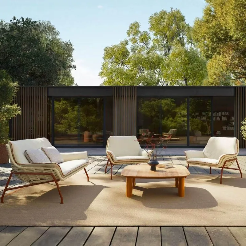 Outdoor rattan solid wood sofa coffee table combination, waterproof open-air leisure furniture
